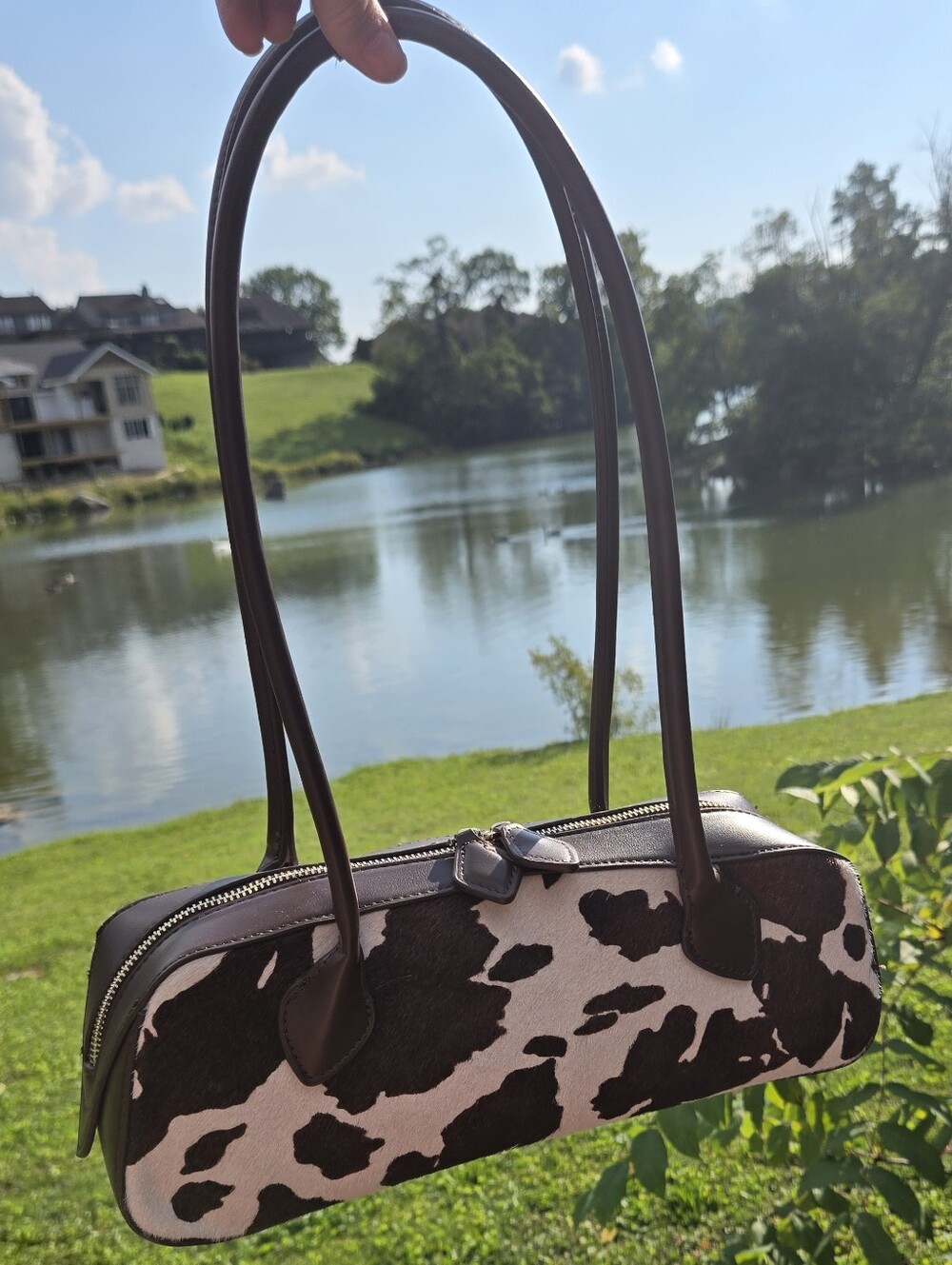 House of Harlow 1960 East-West Baguette Calf Hair Barrel Shoulder Bag Cow Design - Picture 13 of 13